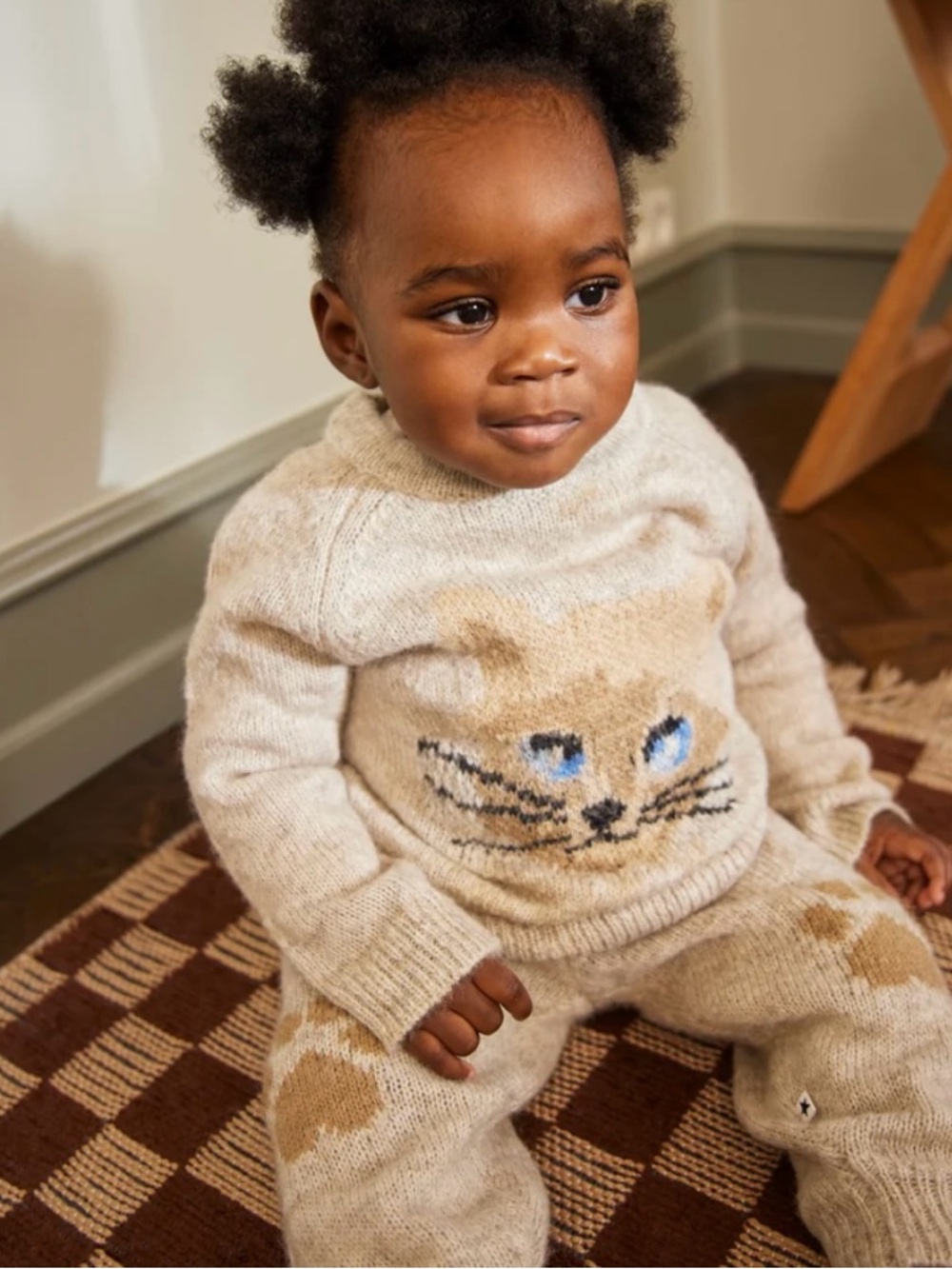 Baby Molo European Beige Knit Cat Sweater and Paw-Print Pants Set